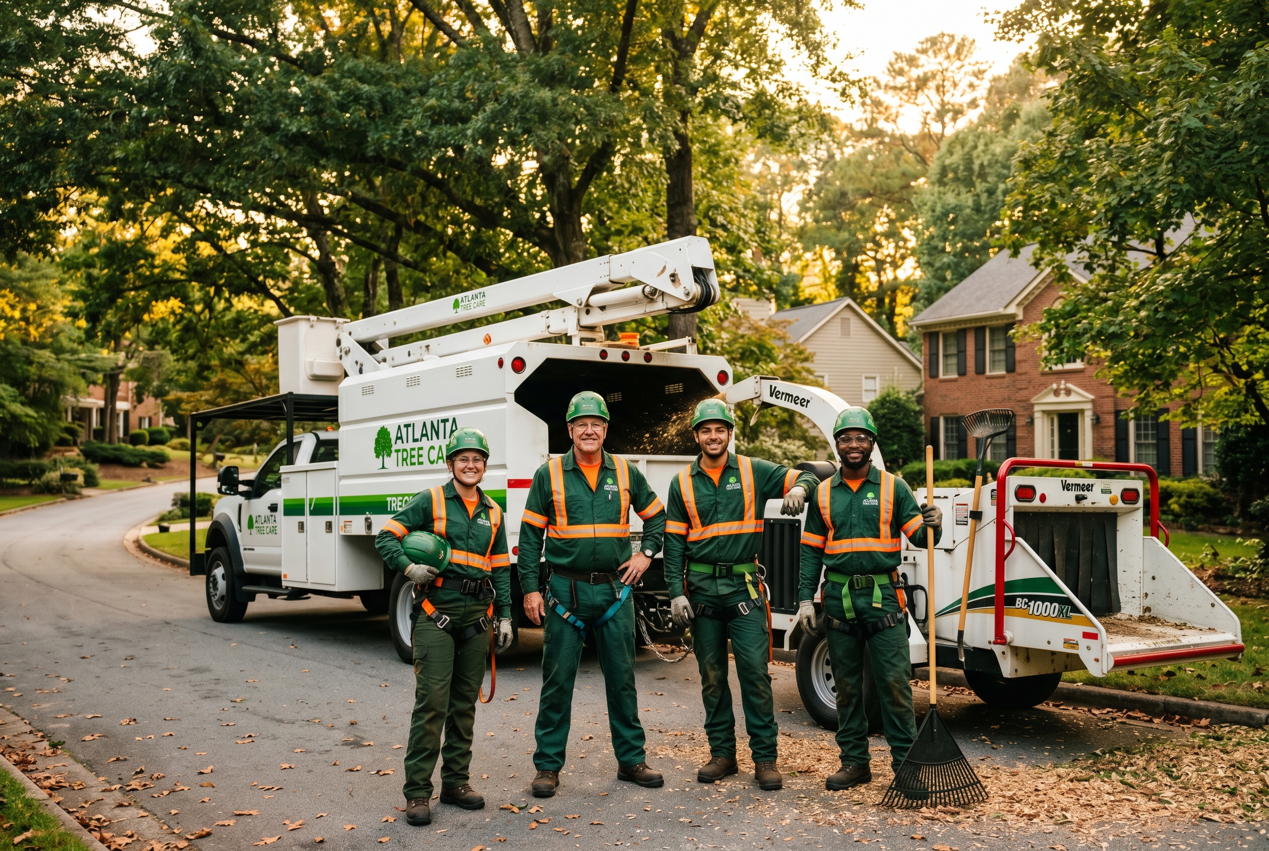A tree crew in safety gear in front of a bucket truck and chipper