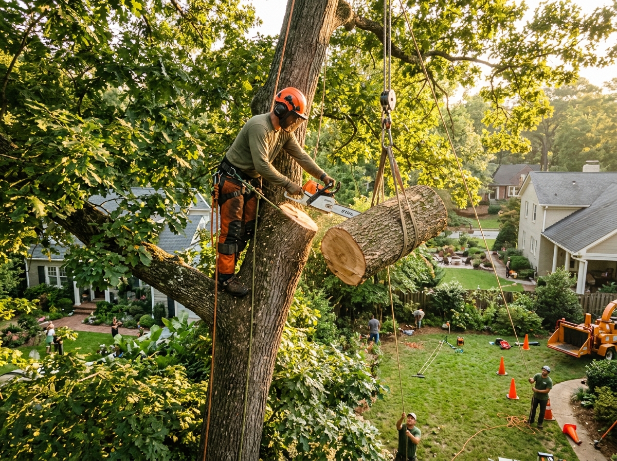 Arborist lowering a sectioned trunk by rope during a tree removal