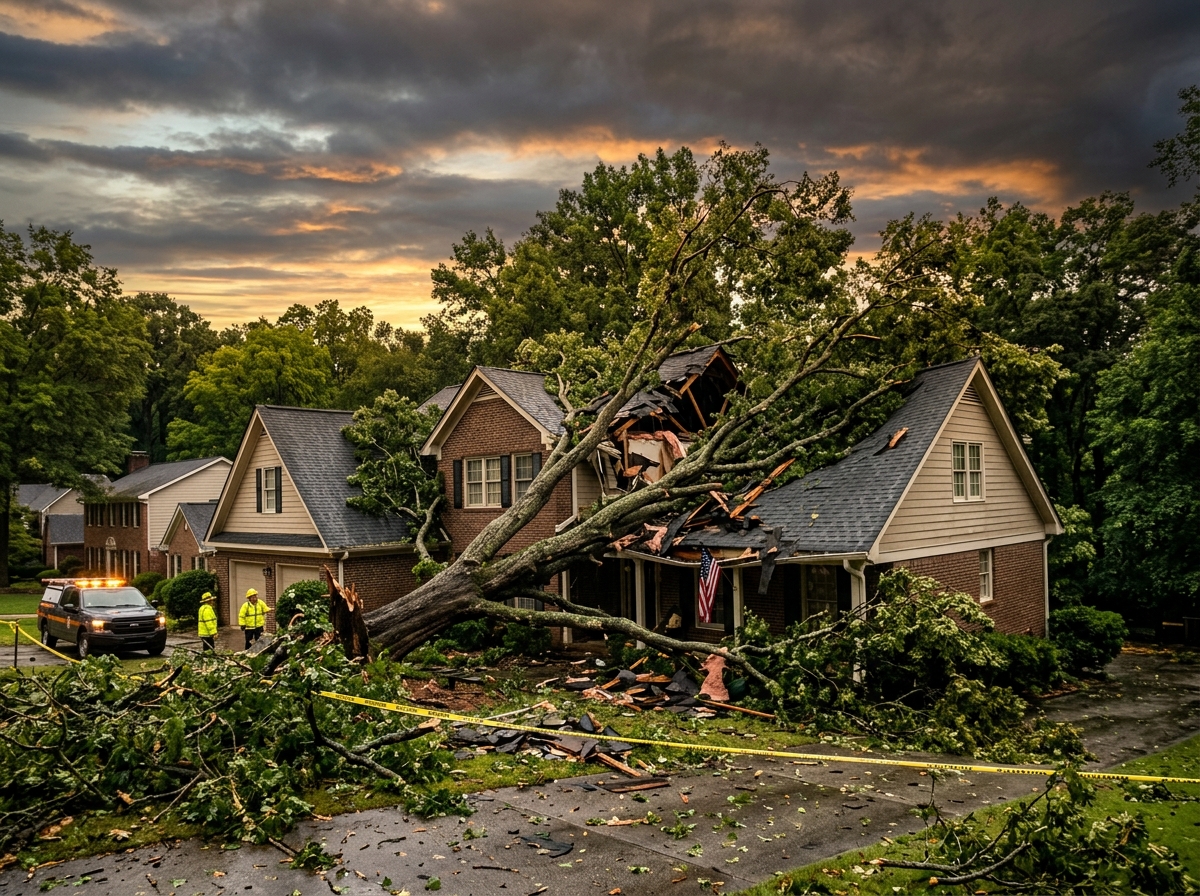 Large tree fallen on a house roof after a storm